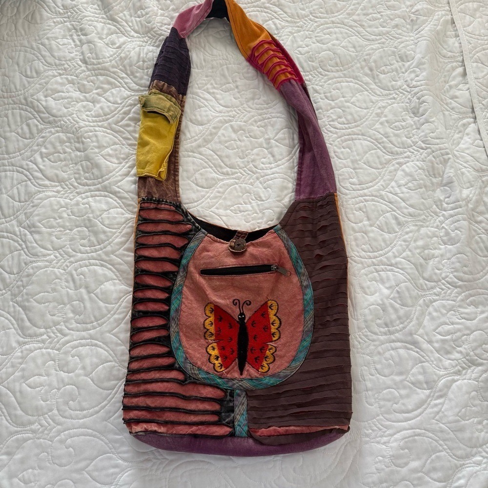 Colorful Boho‎ Hippie Festival Butterfly Fabric Shoulder Bag Zipper Pockets EUC